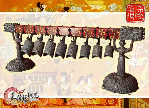 8件古編鐘，銅人銅座裝飾，可發(fā)音